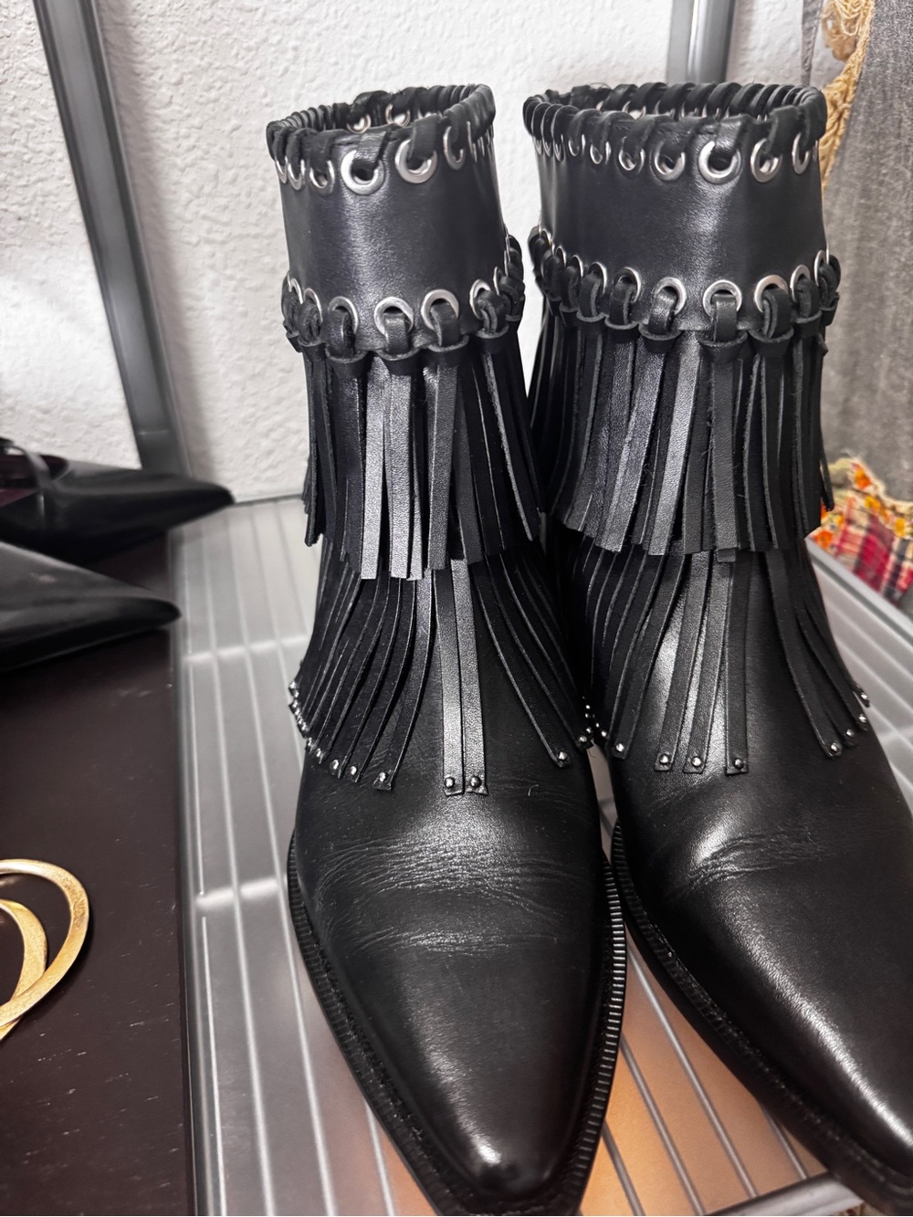 Zara Black Leather Fringe Ankle Boots with Eyelet Trim